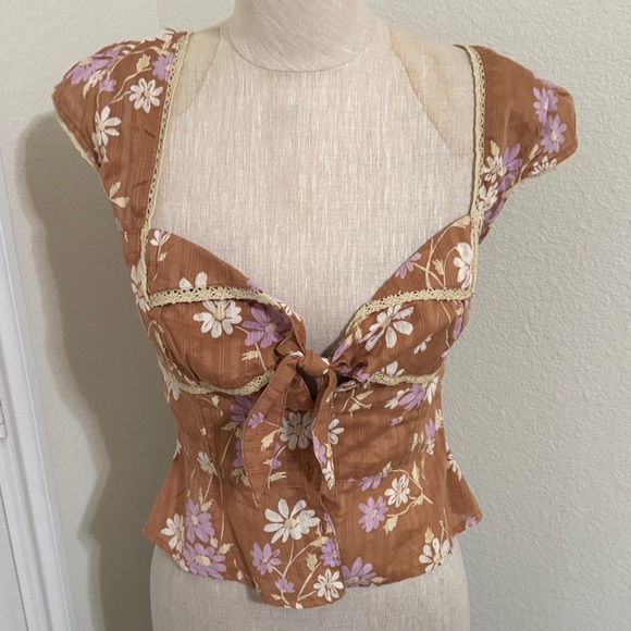 Free People Tops - Free People Brown Floral Cap Sleeve Blouse